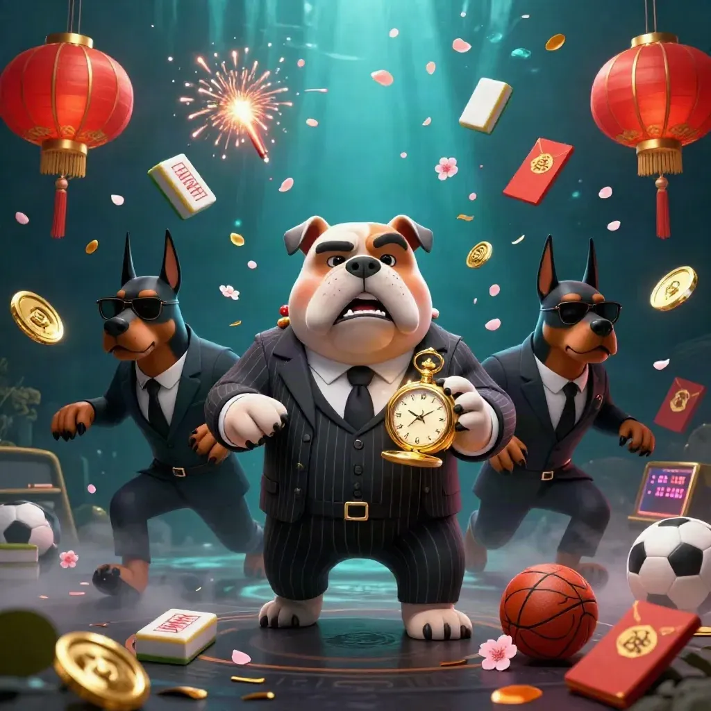 Bulldog mafia boss with two Dobermans amid gold tiles, lanterns, coins, and neon light