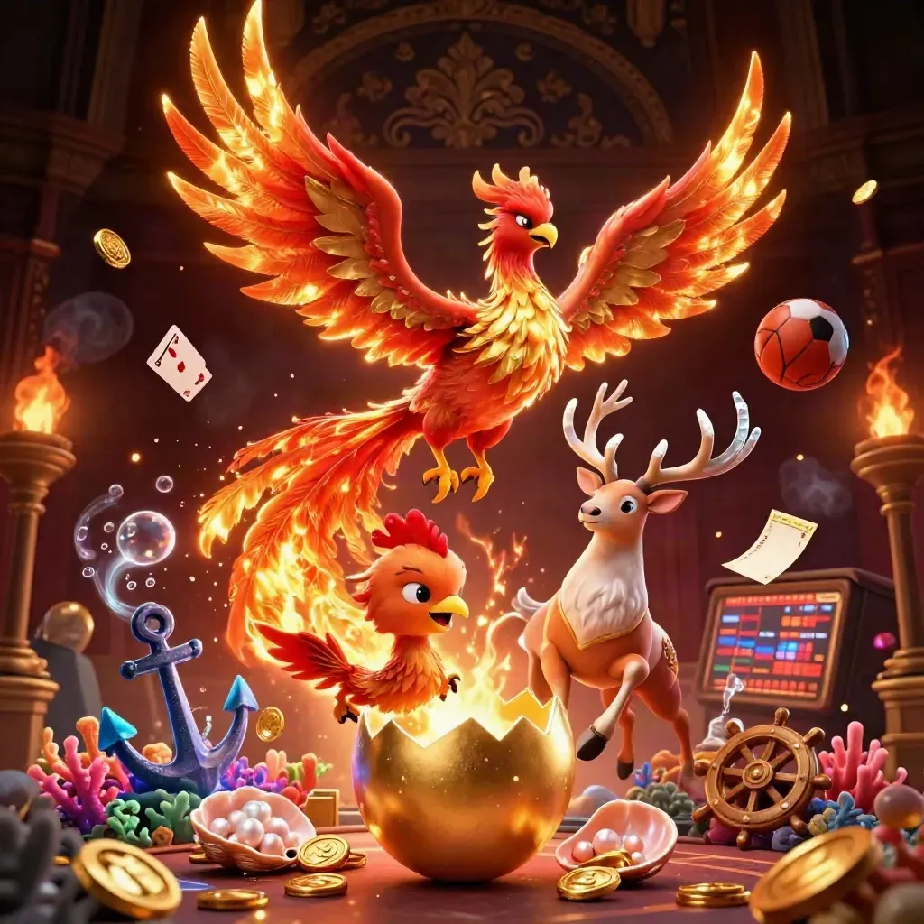 Phoenix, baby phoenix, stag, coins, coral, sports balls, and casino props in a luxe fantasy burst.