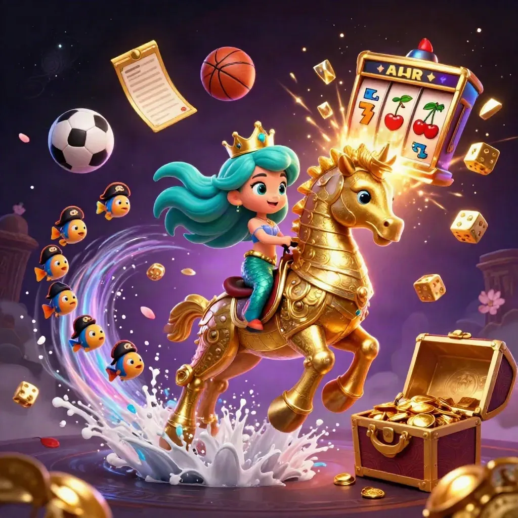Mermaid princess on a golden seahorse amid casino bursts, fish, dice, balls, and slot symbols.