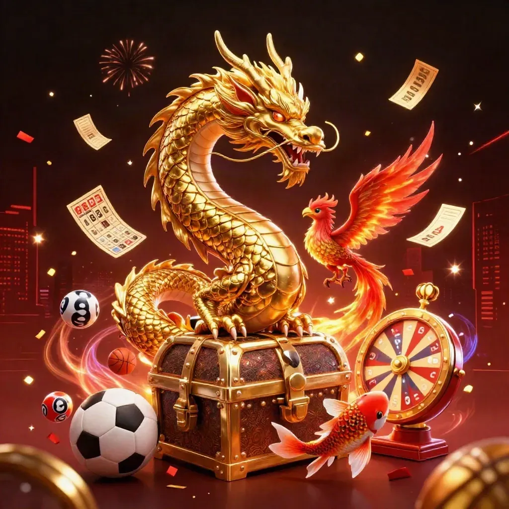Golden dragon with phoenix, koi, prize wheel and casino lights over a dark red skyline.