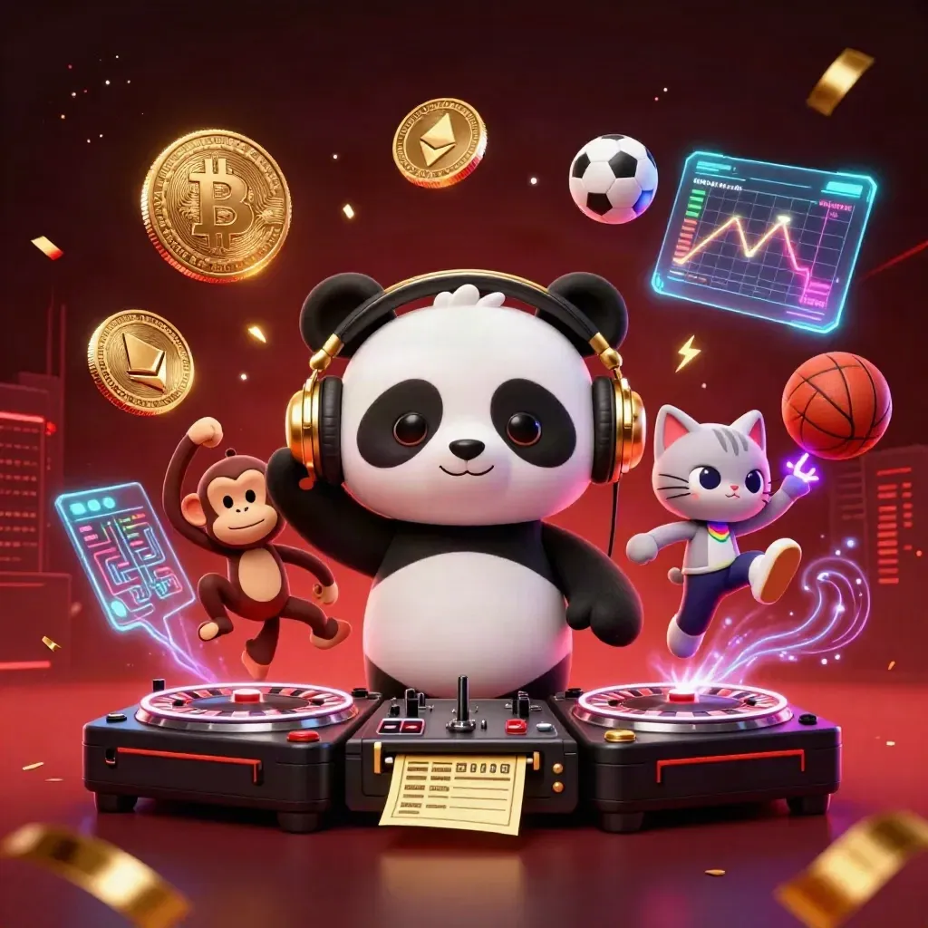 Panda DJ, monkey, and glow kitten amid neon casino sports action, coins, lightning, and fireworks.