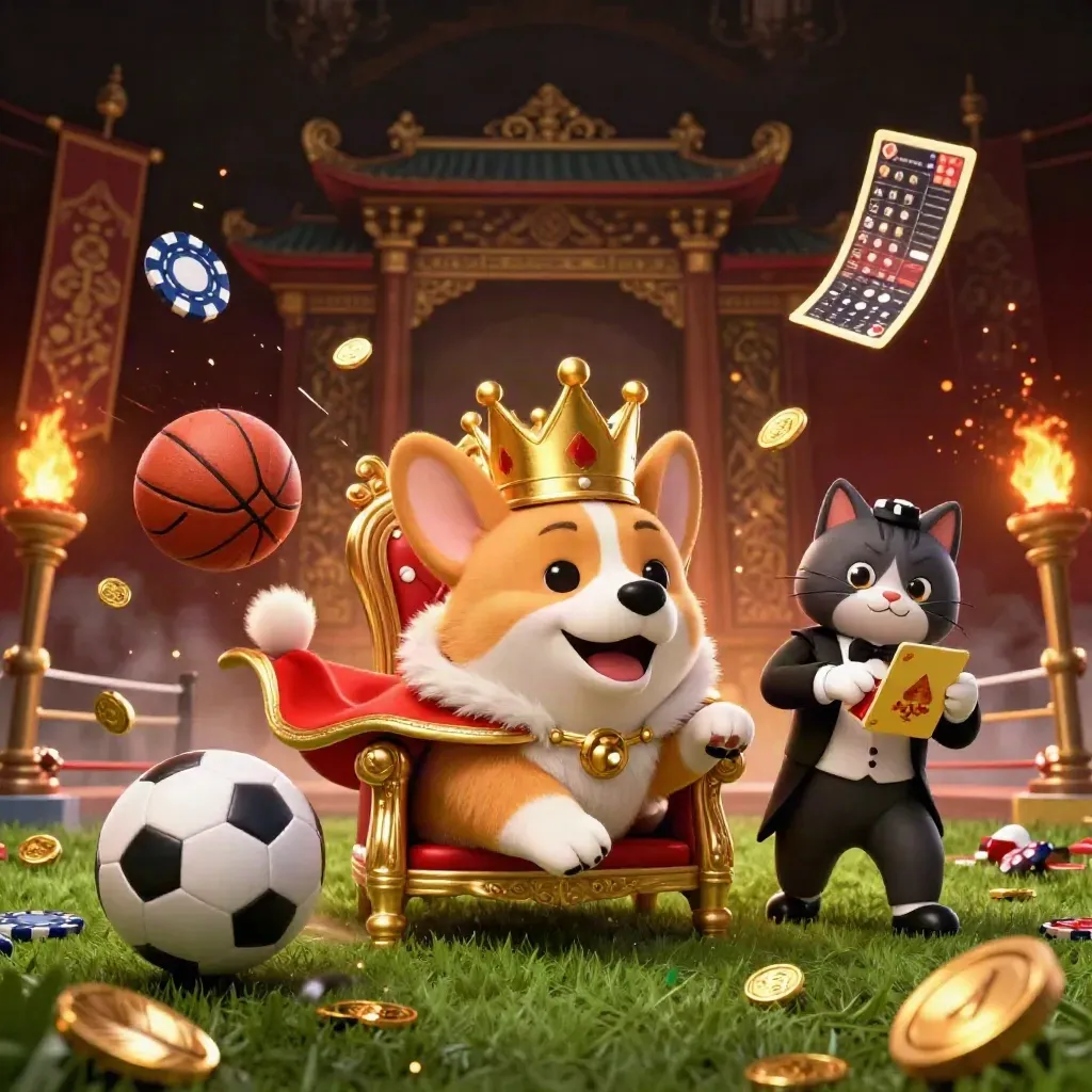 Royal corgi and cat butler amid casino props, coins, torches, and sports balls in a luxe dark scene.