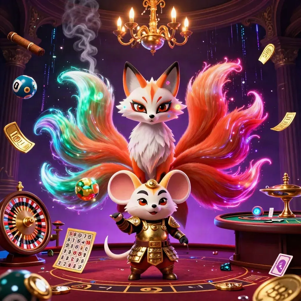 Neon fox spirit and armored mouse amid casino magic, wheels, gold, and deep purple glow.