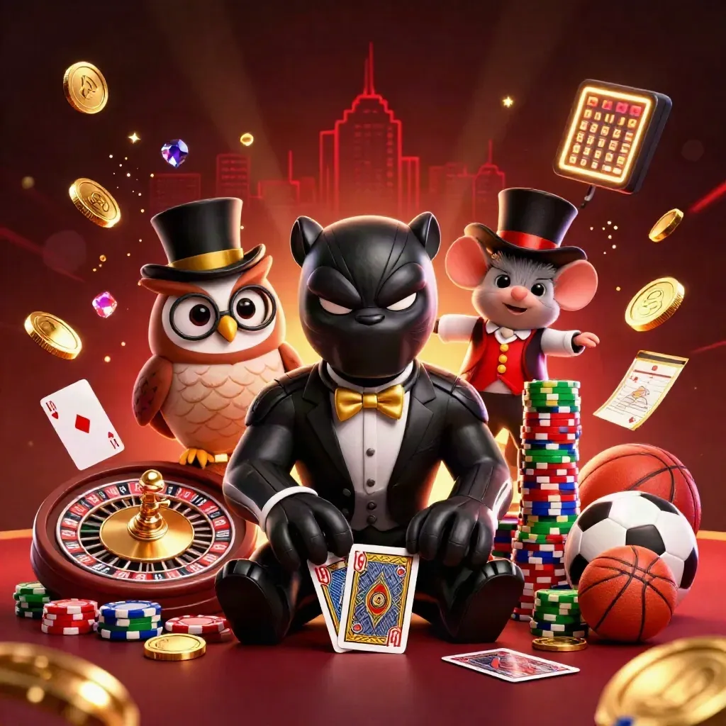 Panther, owl, and mouse amid flying chips, coins, cards, roulette wheel, soccer ball, and basketball