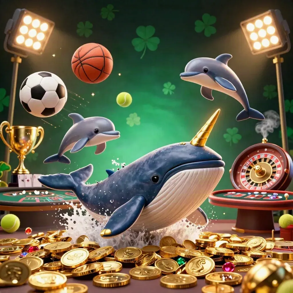 Whale captain, narwhal, and dolphins amid casino lights, sports balls, trophy, and glowing gold.