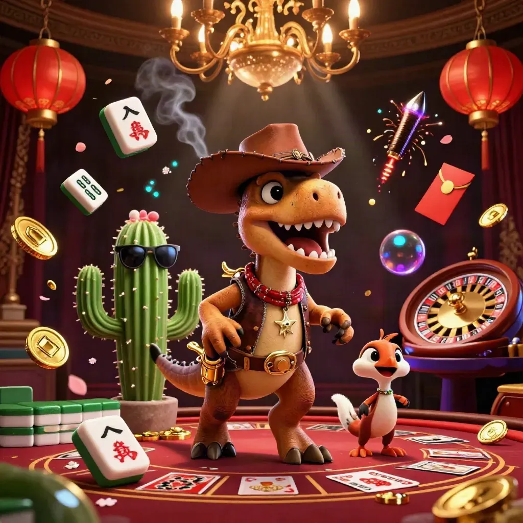 Cowboy T-Rex, cactus and roadrunner in a neon casino hall with gold light, lanterns and spinning reels