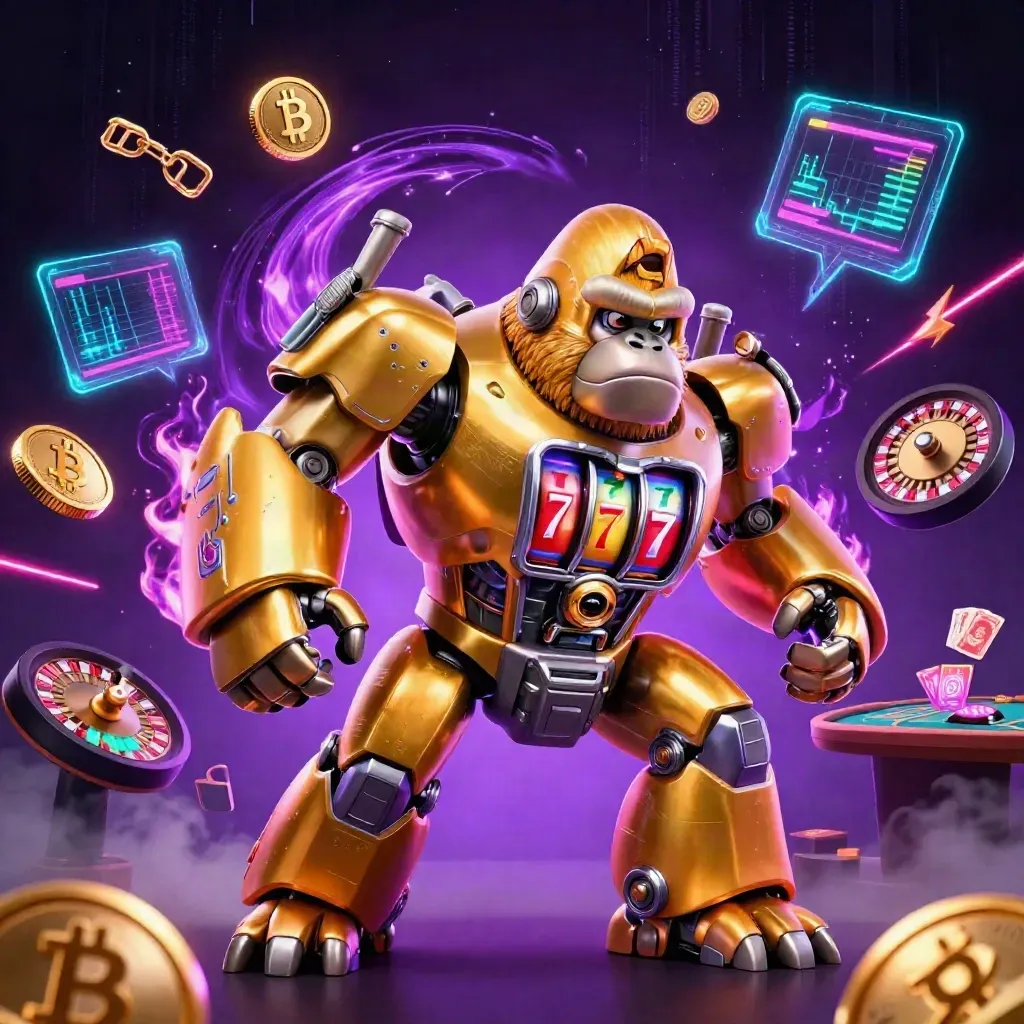 Golden gorilla mech with tiny pilot amid neon coins, roulette, cards, and casino energy.