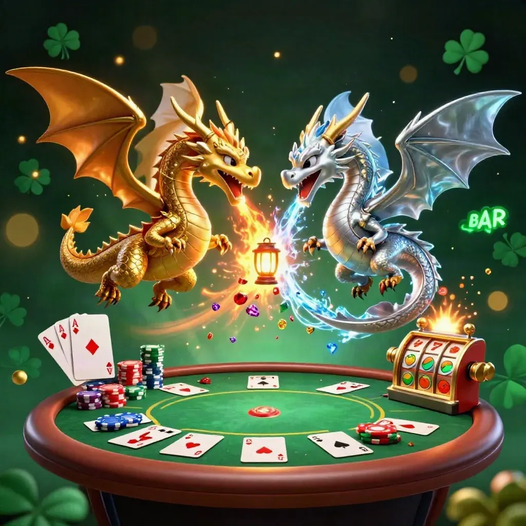 Twin gold and silver dragons spiral around a lantern spirit with poker chips, cards, reels and neon casino glow.