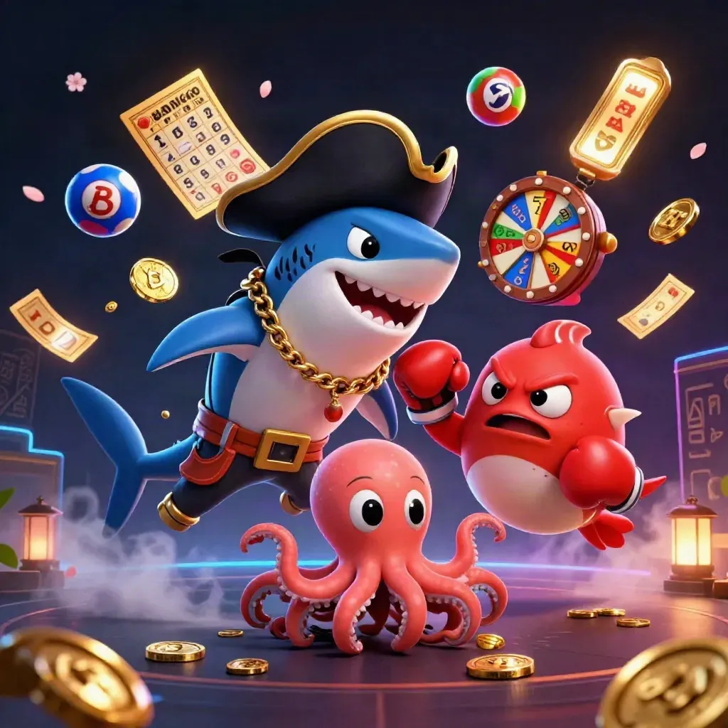 Pirate shark, boxing pufferfish, and juggling baby octopus amid gold casino chaos.