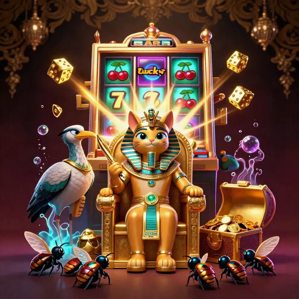Egyptian cat pharaoh on a throne with ibis scribe and gem-scarabs amid jackpot burst and glowing gold.