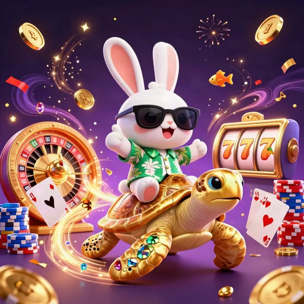 Lucky rabbit rides a gold sea turtle amid coins, gems, cards and casino glow.