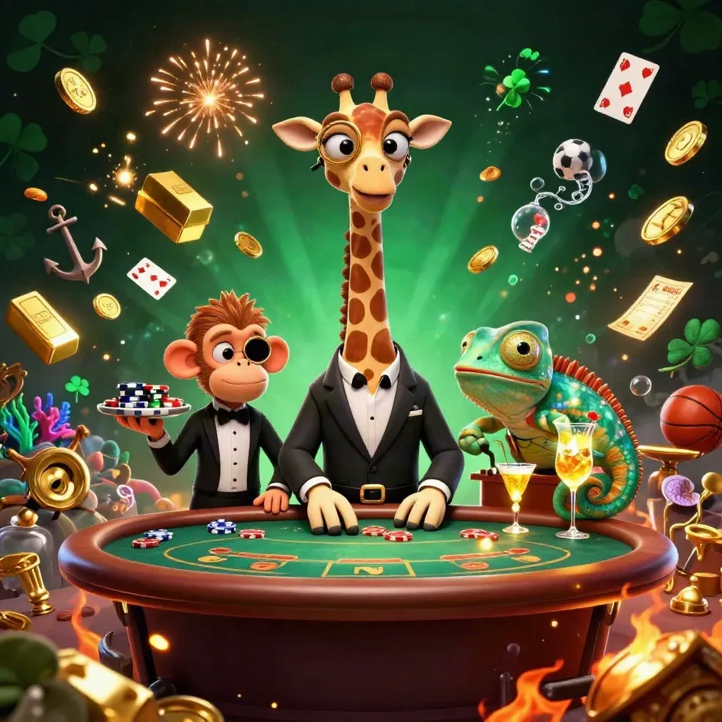 Giraffe, monkey, and chameleon in a lavish casino treasure burst with coins, fireworks, and glowing props