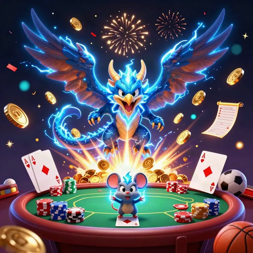 Thunder dragon, wind hawk and electric mouse bursting gold coins amid a casino jackpot scene