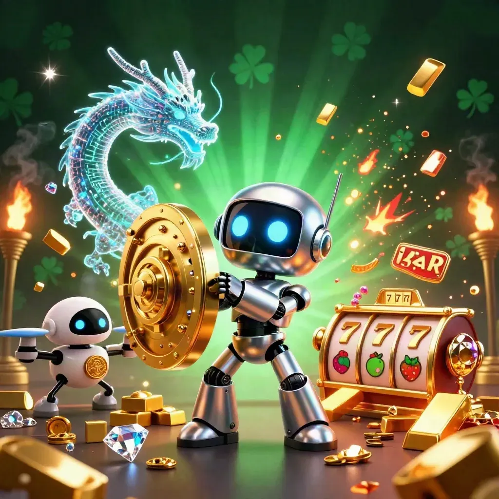 Chrome robot, holographic dragon, and coin drone blast open a golden vault amid jewels and emerald neon glow.