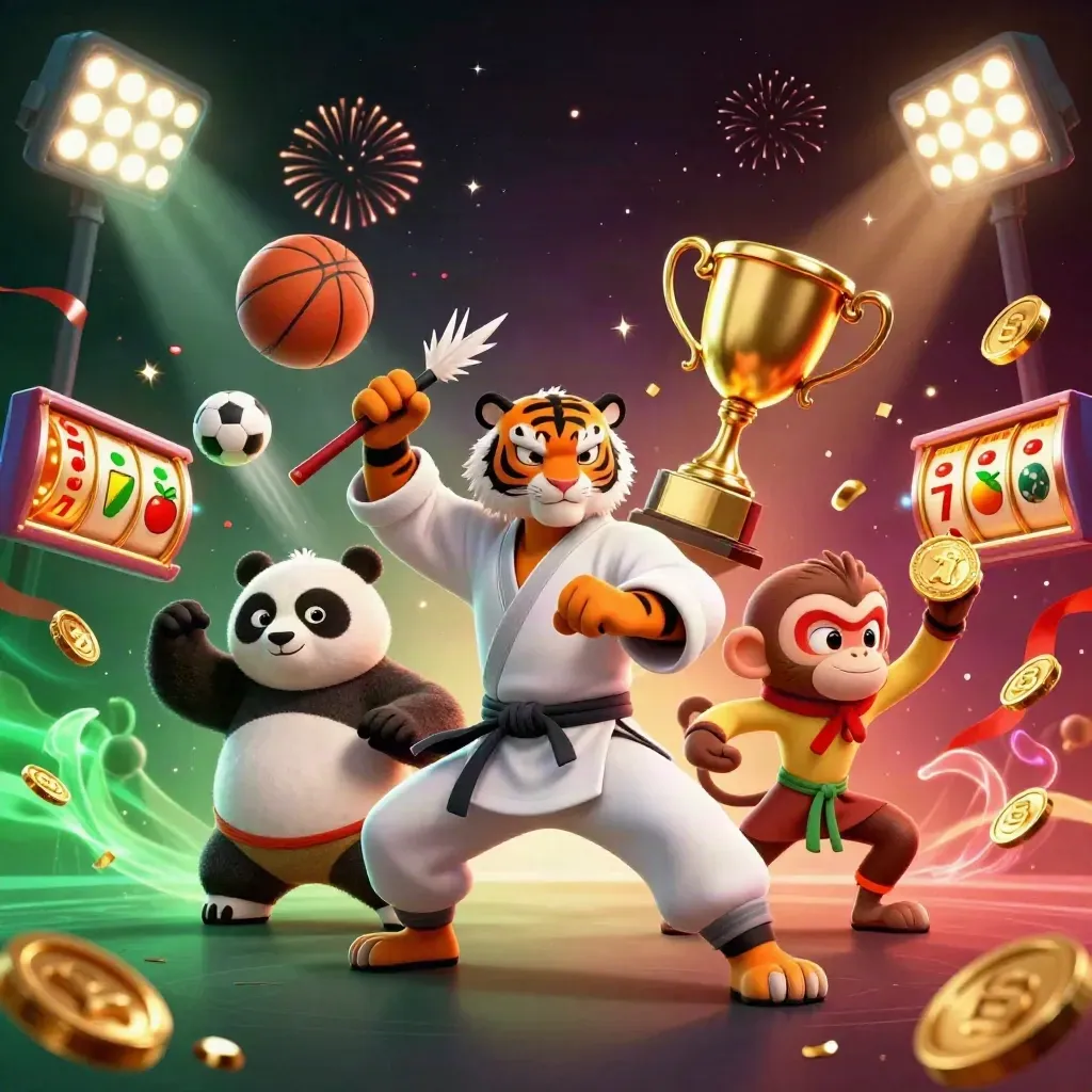 Kung-fu tiger, panda, and monkey amid neon casino chaos, balls, coins, trophy, and emerald energy.