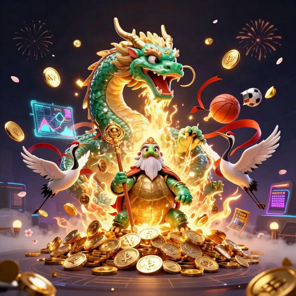 Emerald dragon, turtle sage, cranes, gold coins, and casino icons exploding in neon casino fire.