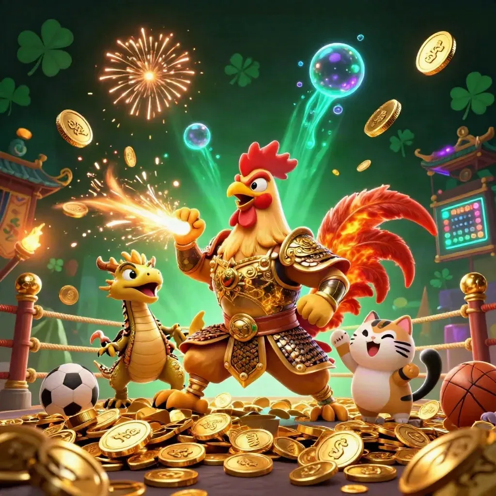 Rooster warrior, dragon hatchling, and lucky cat amid vault coins, fireworks, and casino glow.