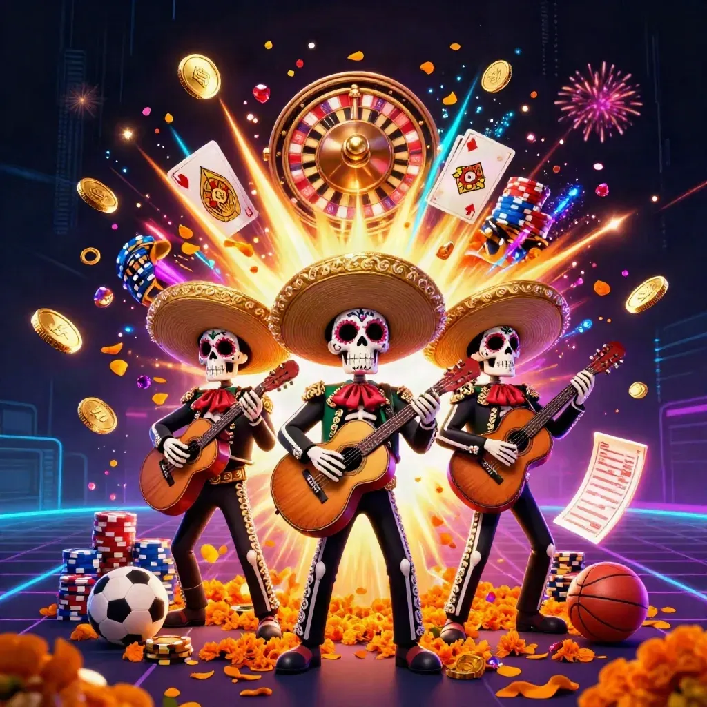 3D skeleton mariachi trio amid coins, chips, roulette, cards, fireworks and sports props
