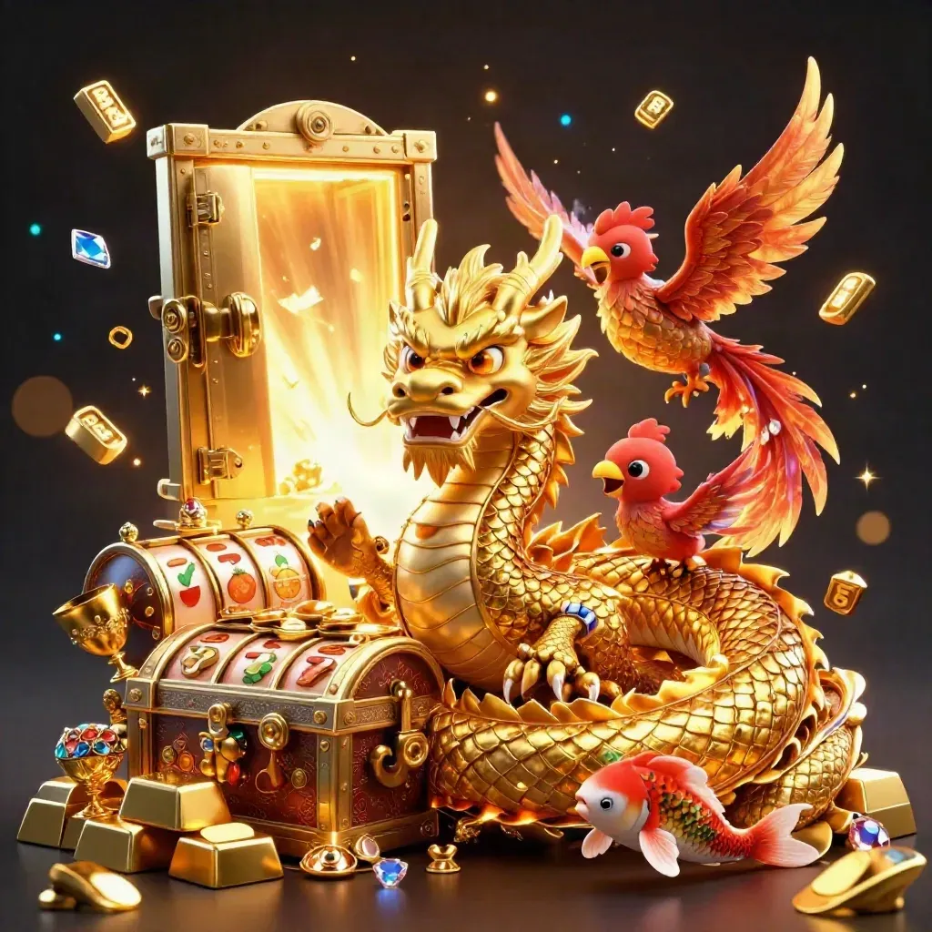 Golden dragon with phoenix, koi, and vault burst in luxe casino key art.