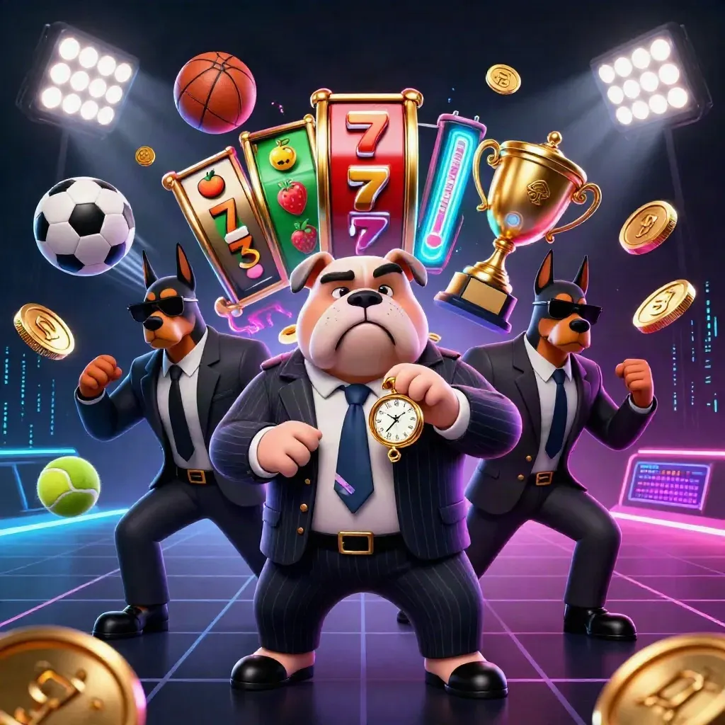 Bulldog boss and two Dobermans amid casino reels, balls, coins, trophy, neon energy