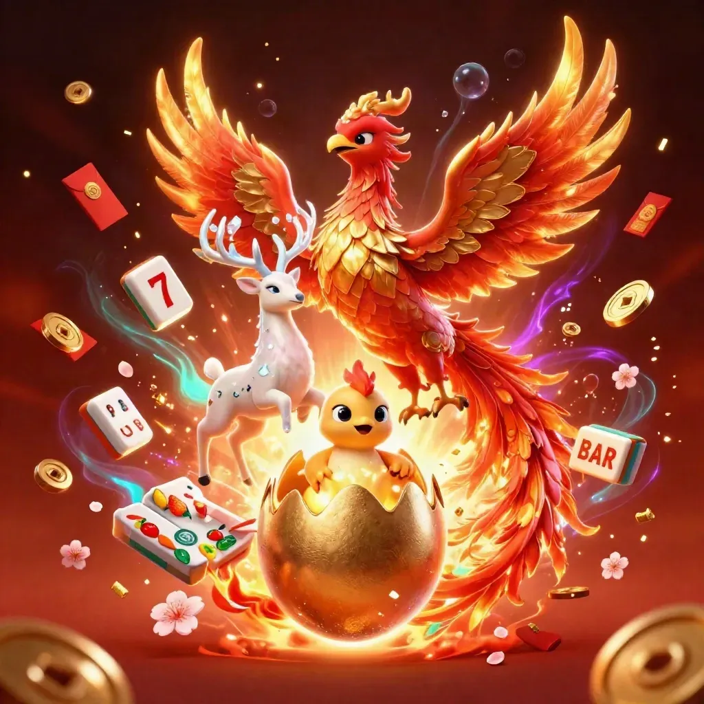 Fire phoenix, baby phoenix, and crystal stag amid casino icons on a glowing dark backdrop.