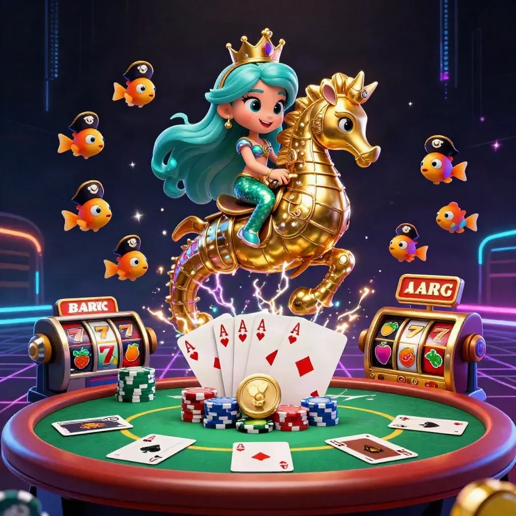 Turquoise-haired mermaid princess rides a gold seahorse through neon casino cards, chips and pirate fish.