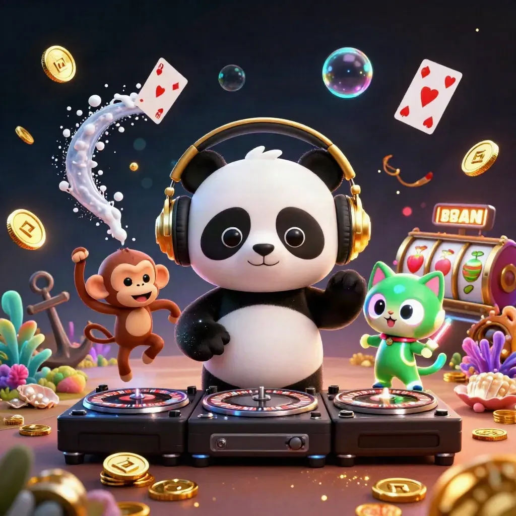 DJ panda, monkey, and kitten in a neon underwater casino treasure scene.