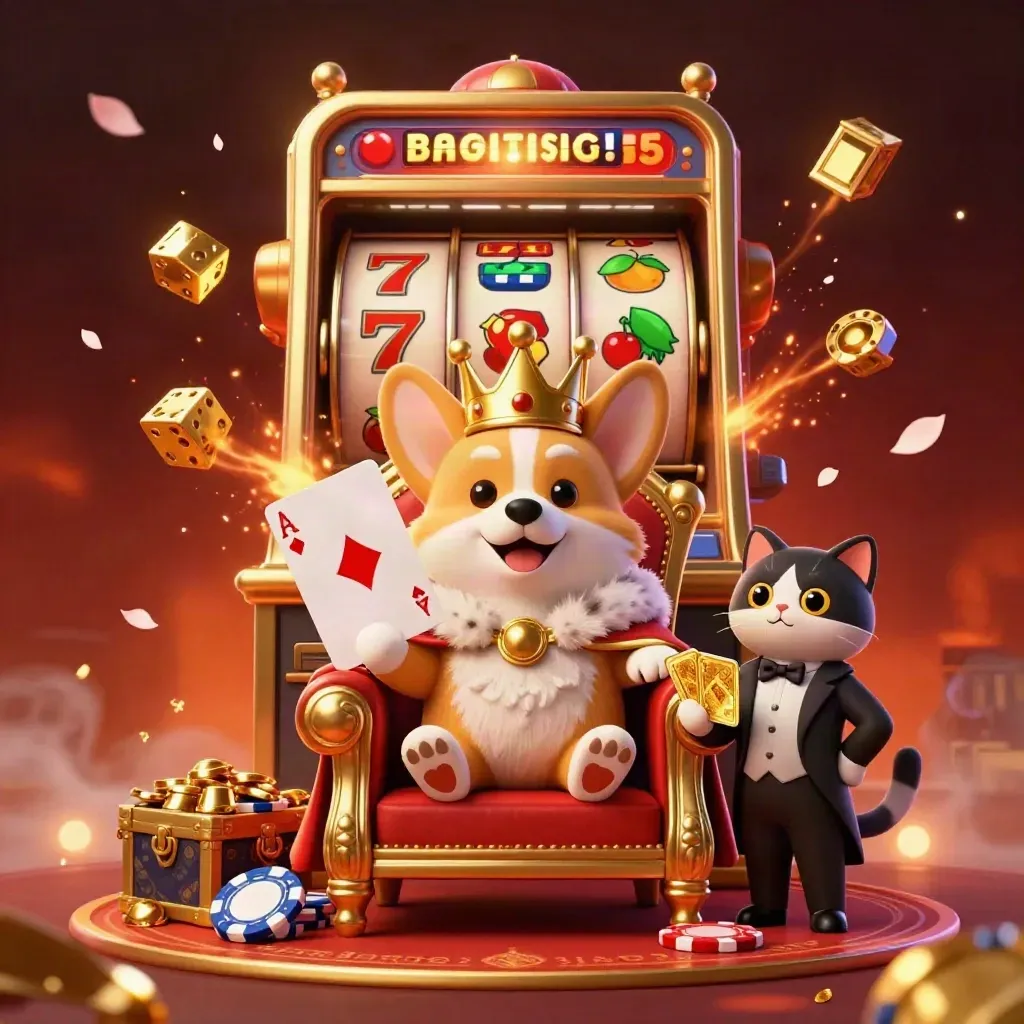 Royal corgi king and cat butler amid a bursting slot machine, gold chips, dice, and jackpot glow.